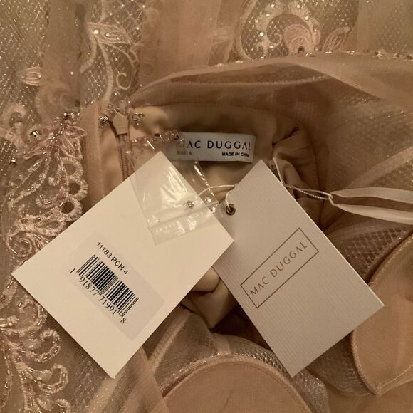 $998 Mac Duggal 11183 Lace Ruffle Tiered Plunge Neck Gown Dress Peach 4 - Picture 13 of 13